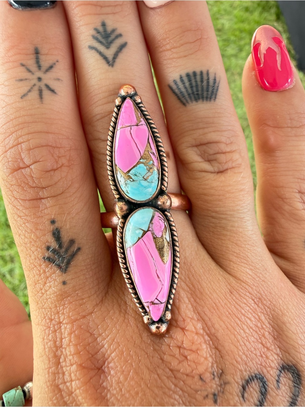 Cotton Candy Turquoise and Pure Copper Marquise Ring. Adjustable size.